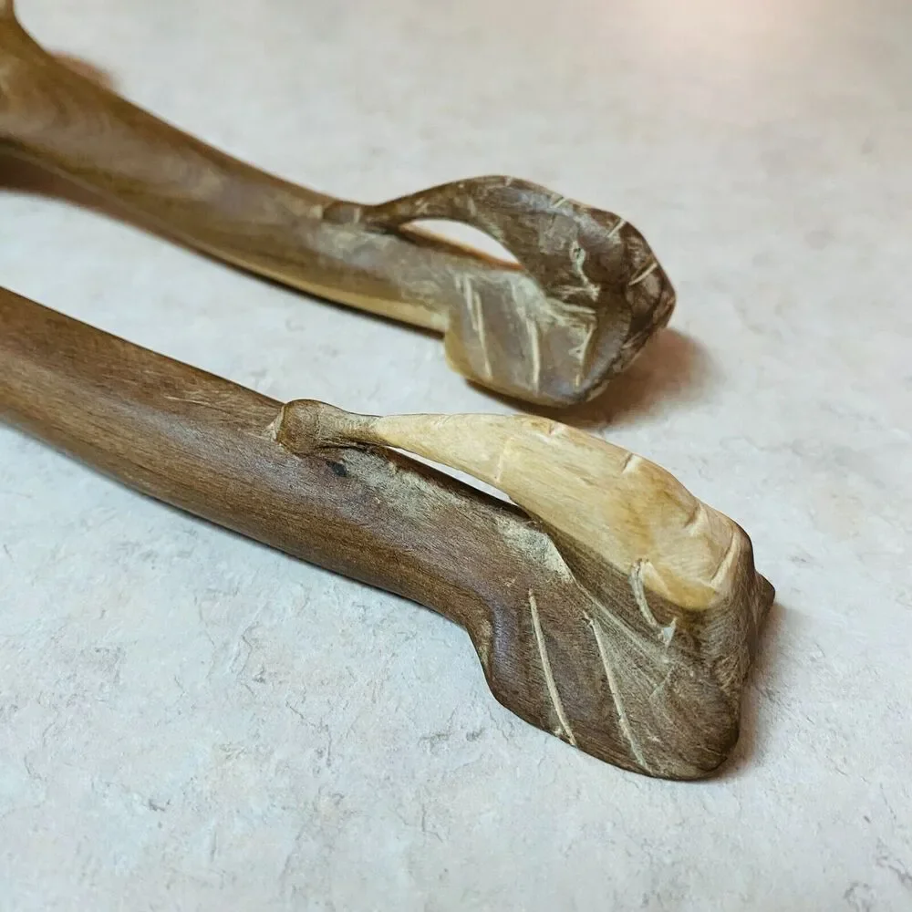 Vintage Hand-Carved Wooden Elephant Salad Spoon and Fork‎ Serving Set